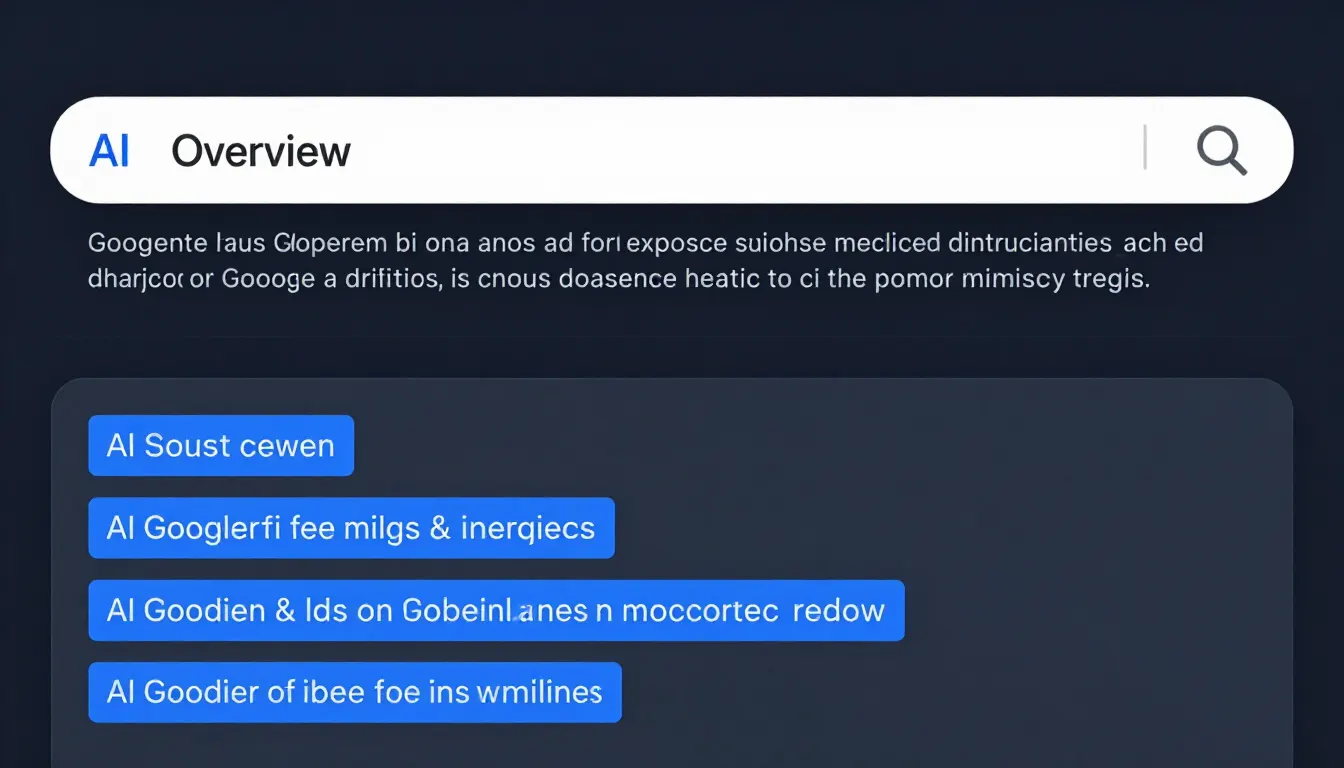Illustration of a Google search results page with an AI Overview summary block and cited source links above traditional results