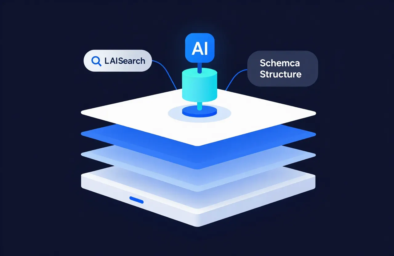 Layered diagram showing a website being made ready for AI search with technical foundation, content structure, entity clarity, and schema layers