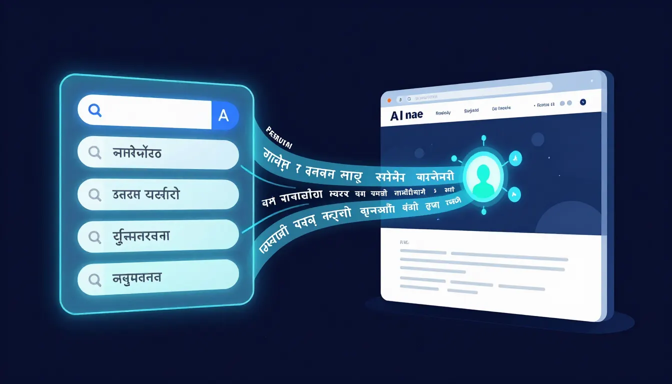 Illustration of an AI answer panel connected to multilingual regional language content streams from a website