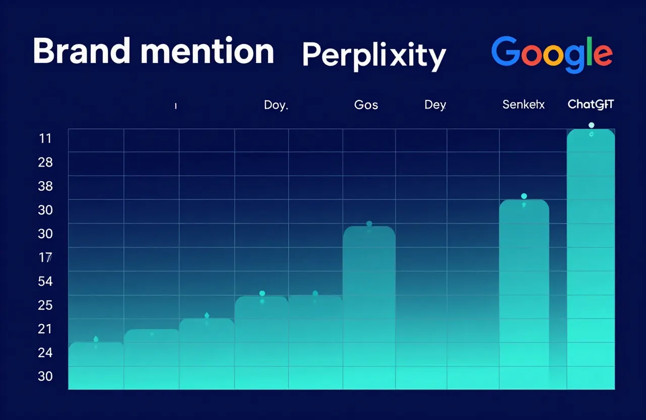 Brand mention tracking spreadsheet across ChatGPT, Gemini, Perplexity, and Google with sentiment columns