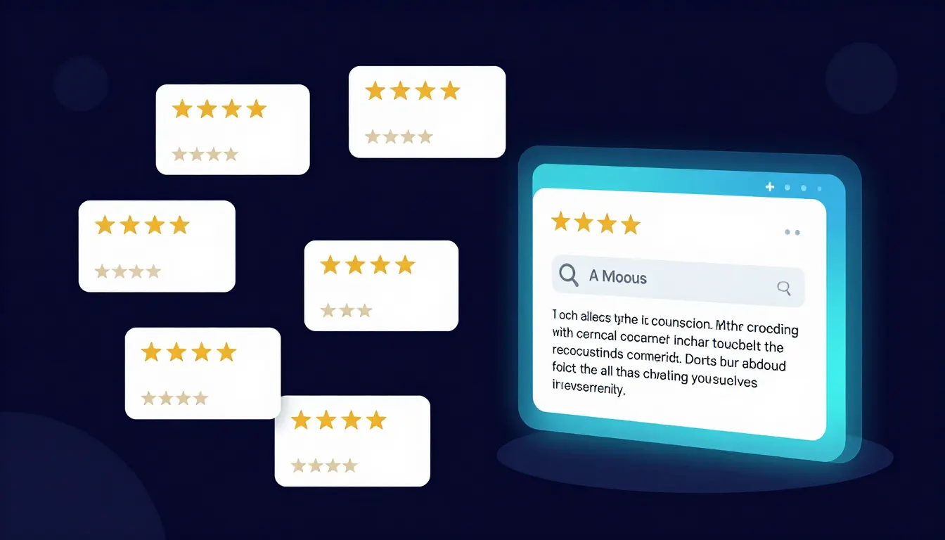 Diagram showing five-star customer review cards flowing into a glowing AI answer panel, illustrating how reviews feed AI search answers