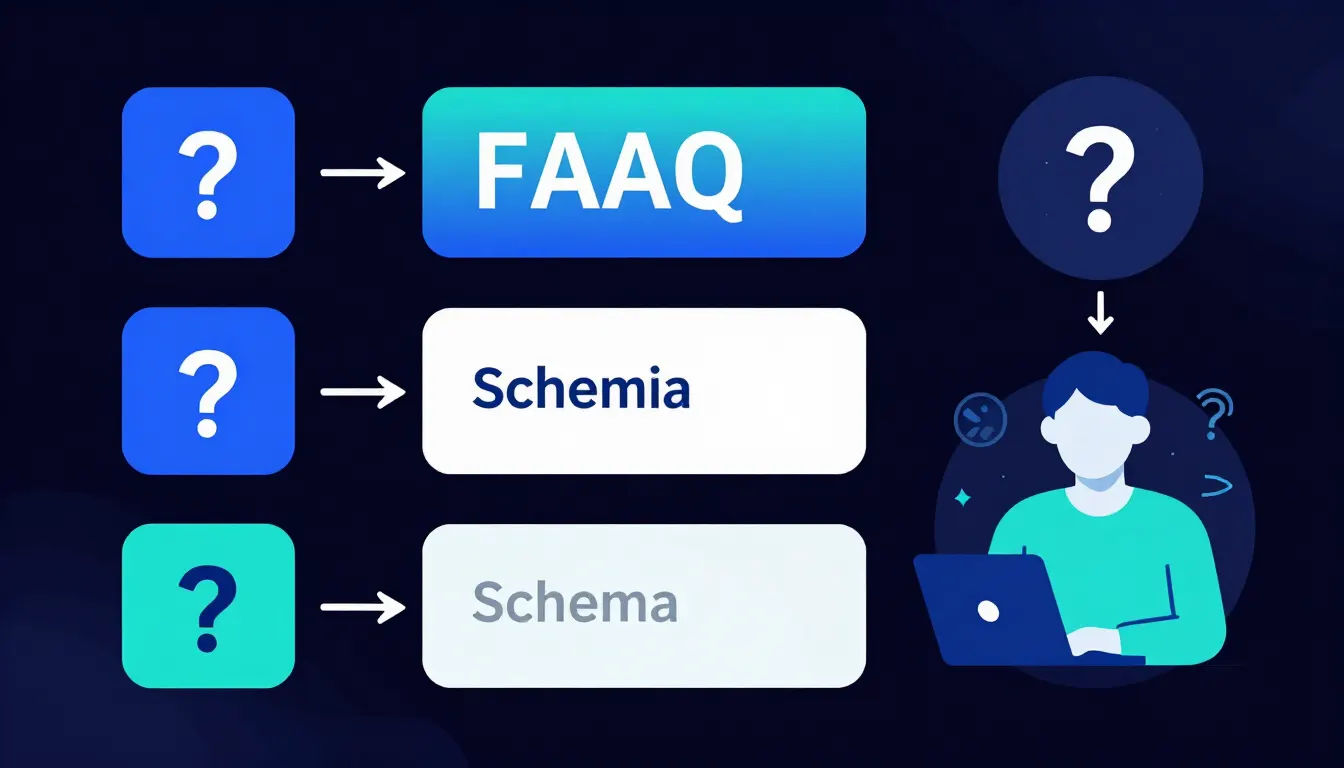 Illustration of FAQ content optimization showing question blocks feeding into a structured answer card with schema connected to an AI assistant