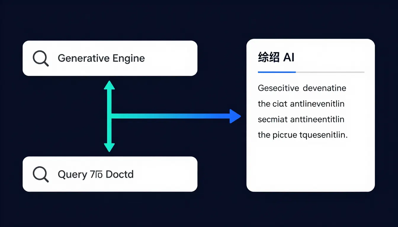 Diagram of a generative search workflow from query through neural processing to a synthesized AI answer with source citations