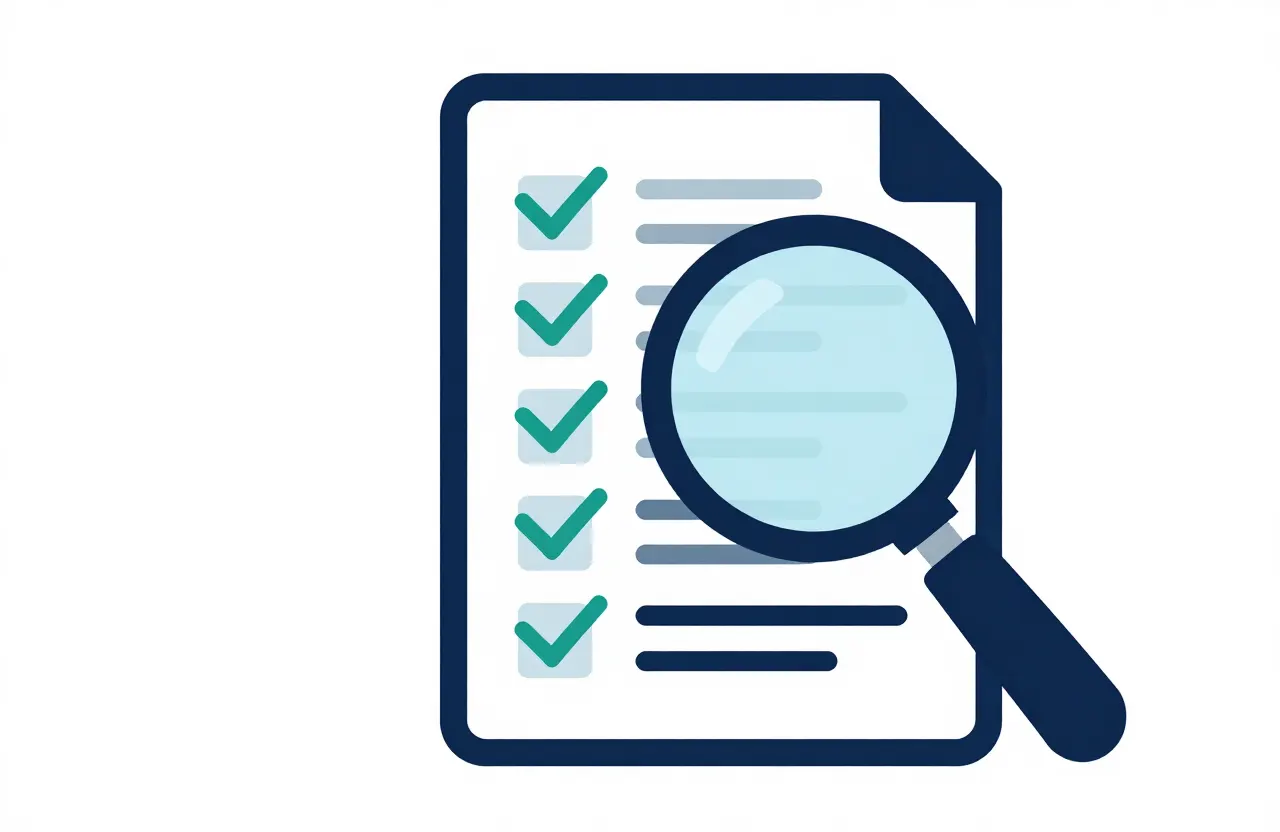 Checklist diagram for a content refresh audit with checkmarks and a magnifying glass over a document