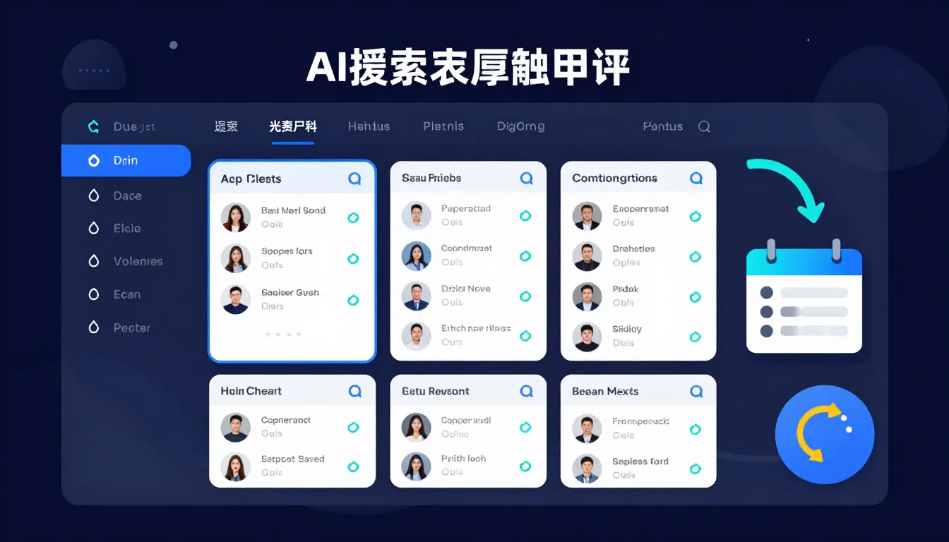 Illustration of a content refresh audit dashboard with page tiles, status indicators, and a refresh cycle arrow
