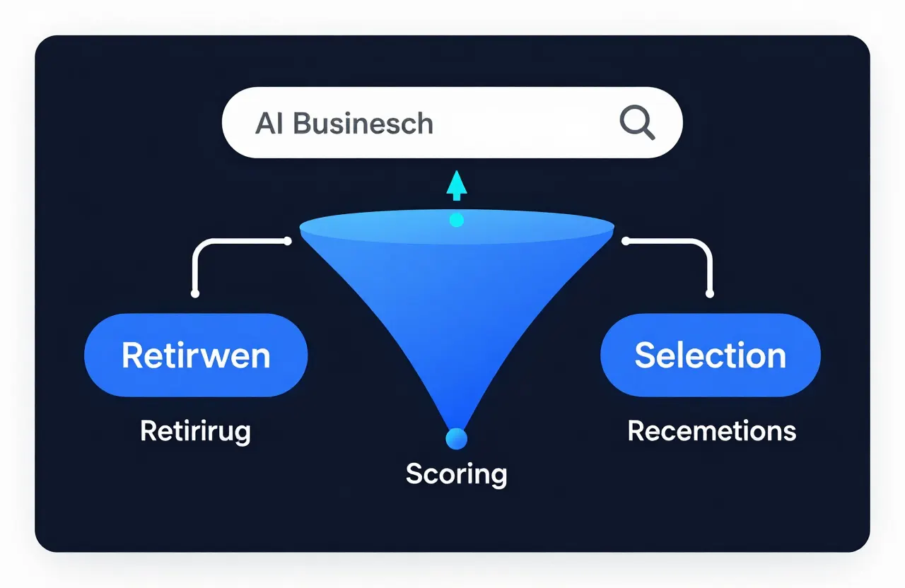 Flowchart showing how an AI search engine moves from retrieval through scoring and selection to a final recommendation