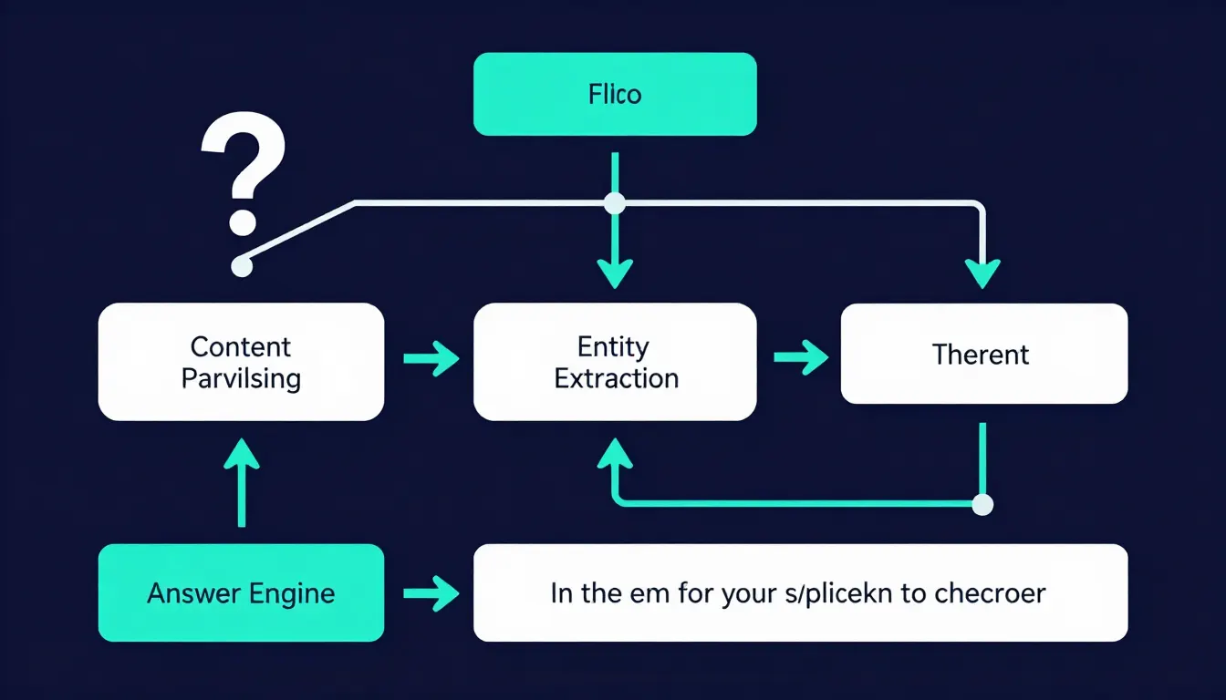 Answer engine optimization flow diagram from question input through content parsing to a direct answer output