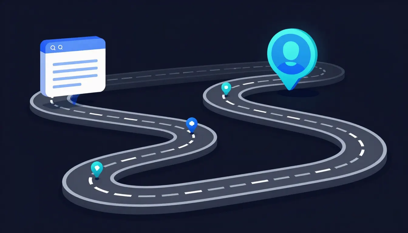 Diagram showing a winding roadmap evolving from a traditional search engine icon to a generative AI assistant icon, with milestone markers representing adaptation over time