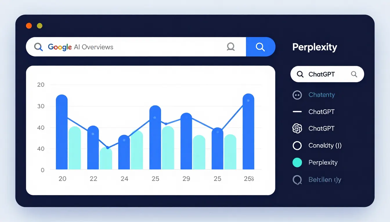 Dashboard illustration showing AI search visibility measurement with charts tracking business appearances across Google AI Overviews, ChatGPT, and Perplexity