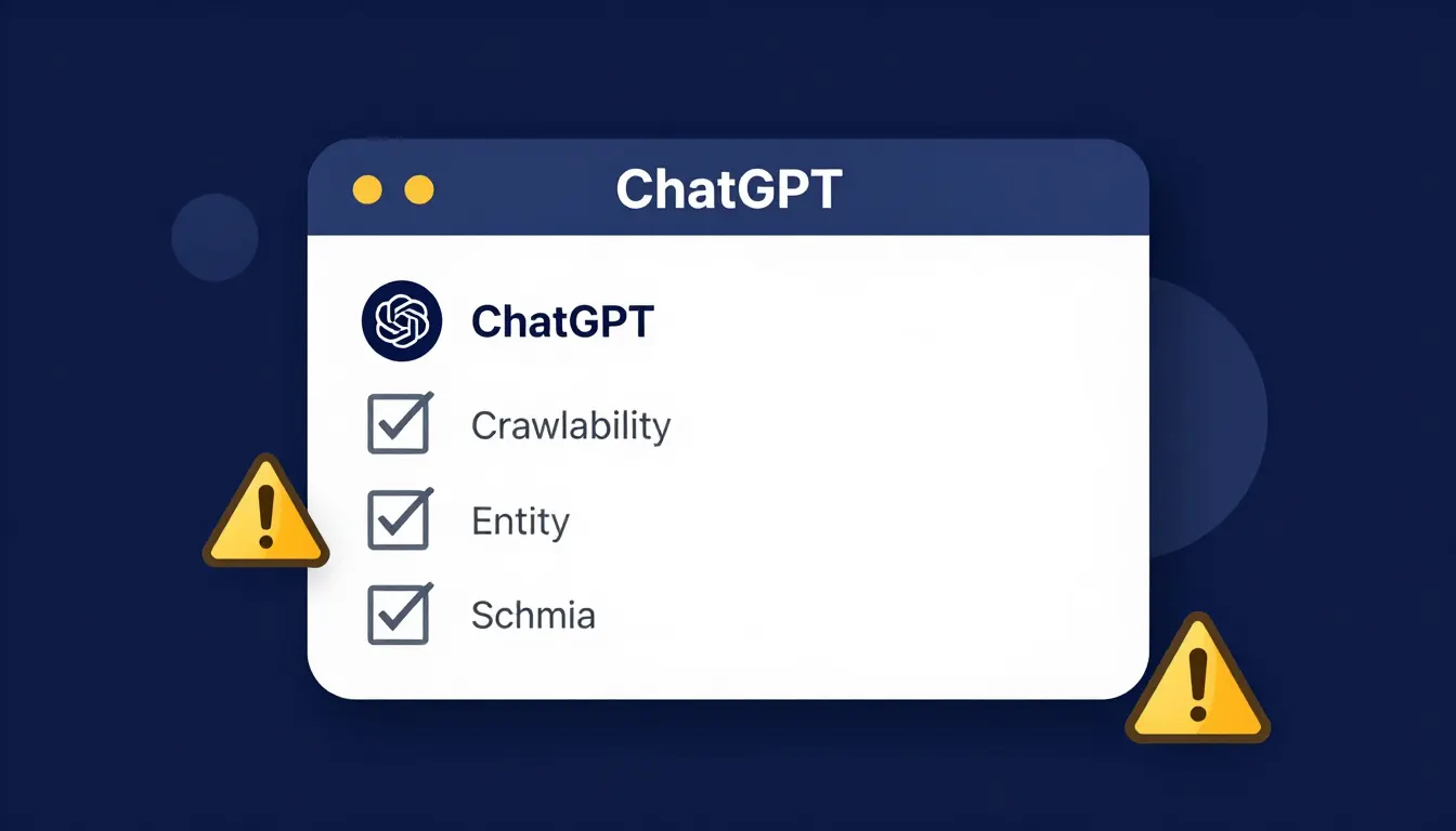 Illustration of a chat window with a missing business recommendation, surrounded by diagnostic checks for crawlability, entity, and schema