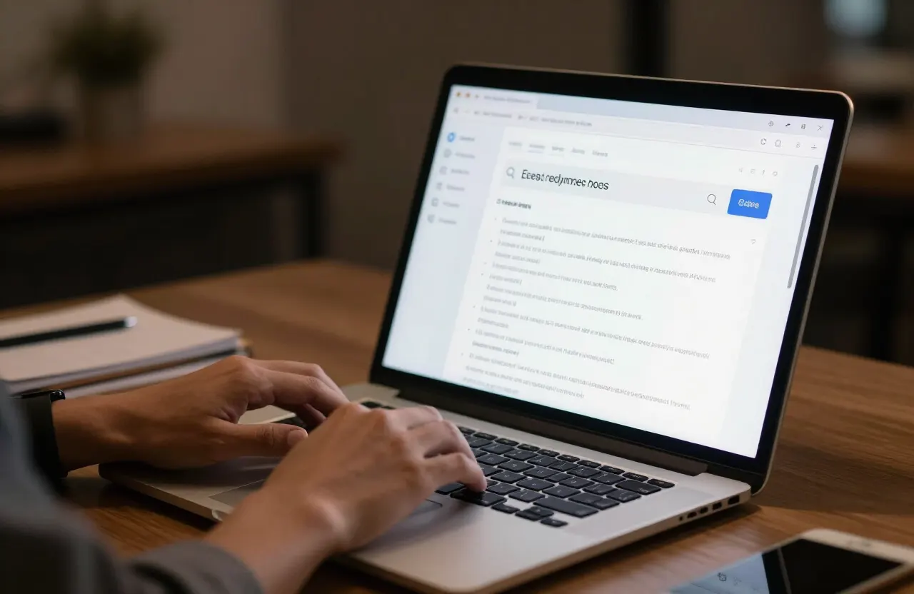 Business owner checking AI search visibility on a laptop with an AI-generated answer panel on screen