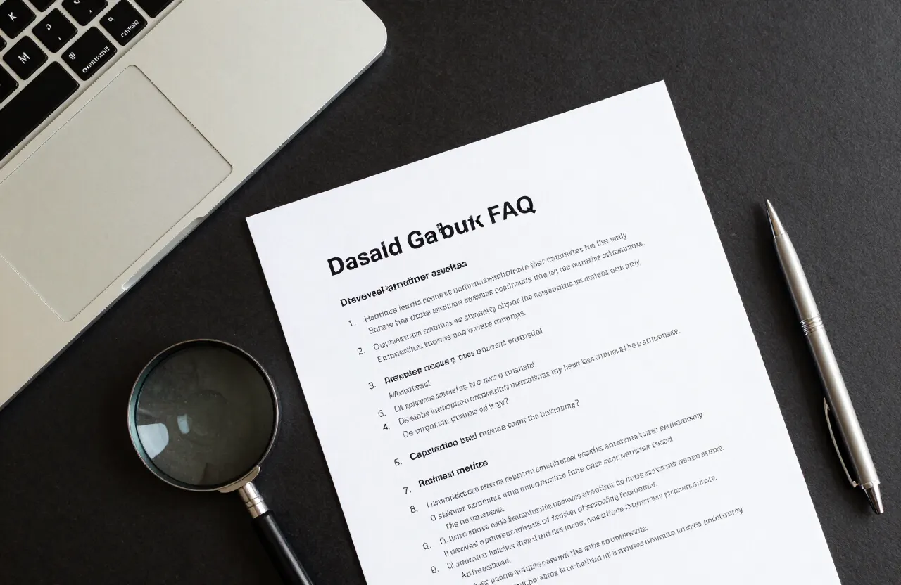 AEO audit checklist document showing question-and-answer FAQ structure being reviewed with a magnifying glass