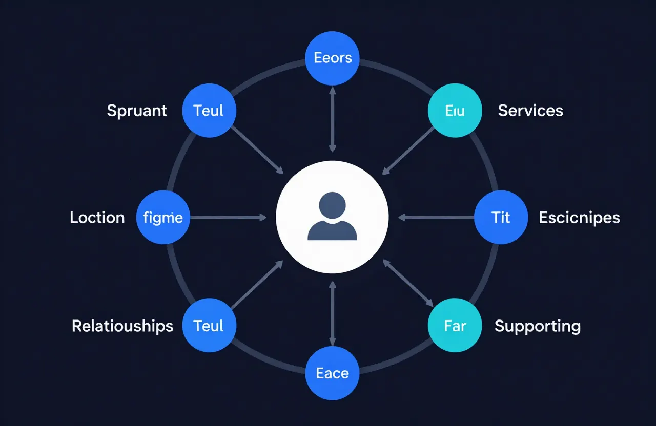 Diagram of a business entity at the center connected to consistent signals for services, location, relationships, and mentions