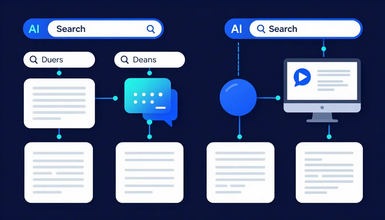 Diagram showing an AI search engine evaluating content relevance by connecting a user query to multiple documents