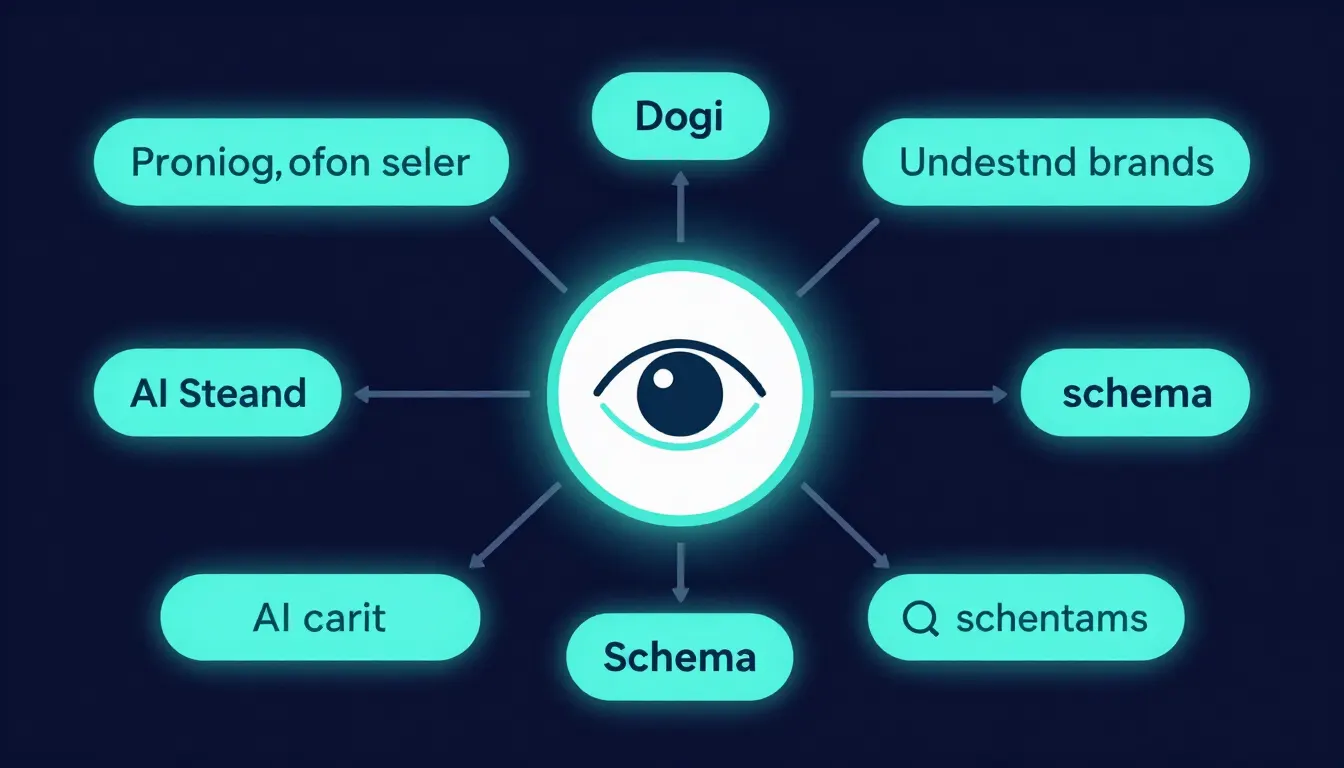 Concept illustration of how AI search understands brands with a brand node surrounded by consistent entity signals