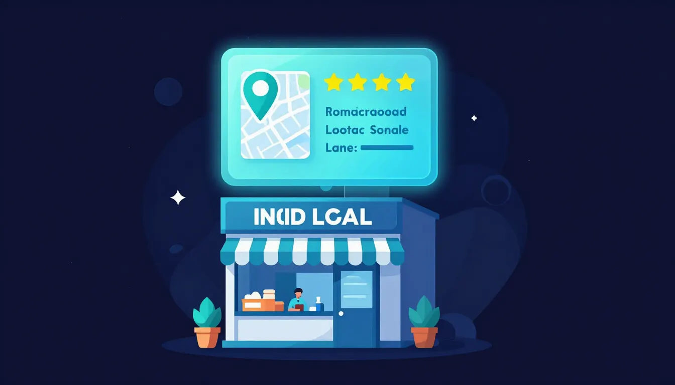 Diagram showing a local storefront with an AI answer panel displaying a map pin, star rating, and business details