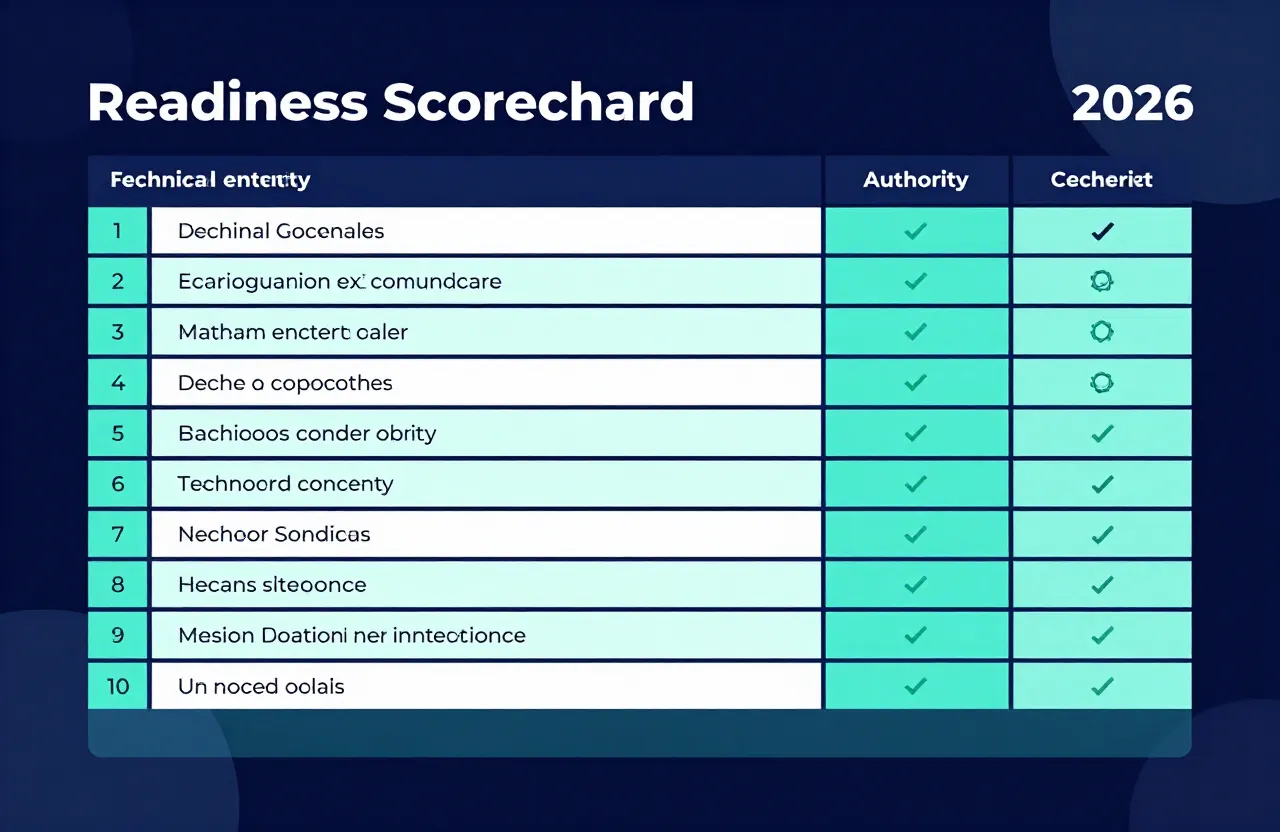 Readiness scorecard with technical, content, entity, and authority checklist columns for 2026