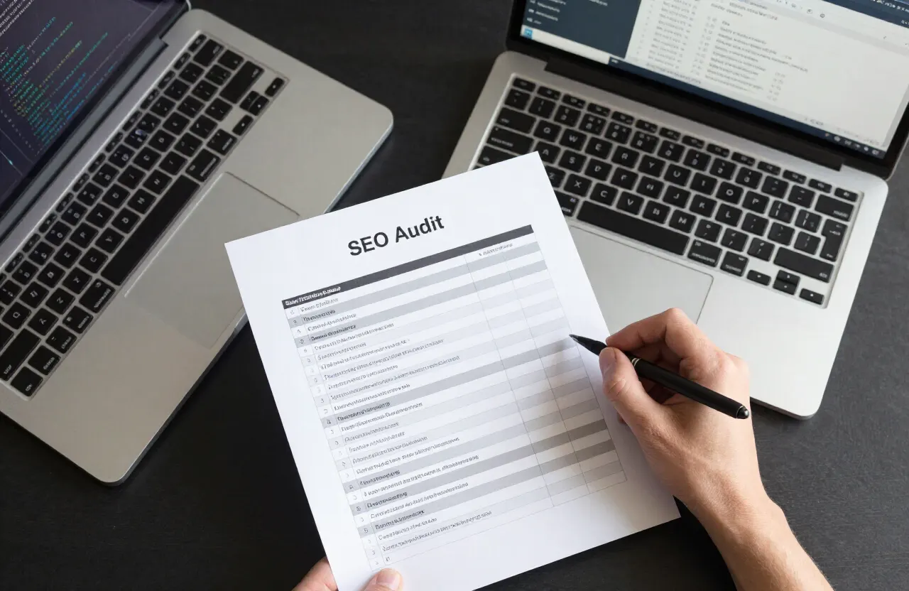 AI SEO audit checklist document on a desk beside a laptop showing website code and analytics