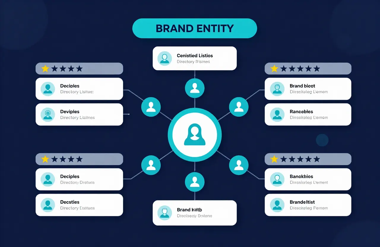 Diagram of brand entity signals radiating from a central brand node, including structured data, consistent directory listings, social profiles, reviews, and mentions