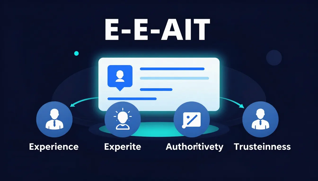 Illustration of four E-E-A-T pillars representing experience, expertise, authoritativeness, and trustworthiness supporting a knowledge panel