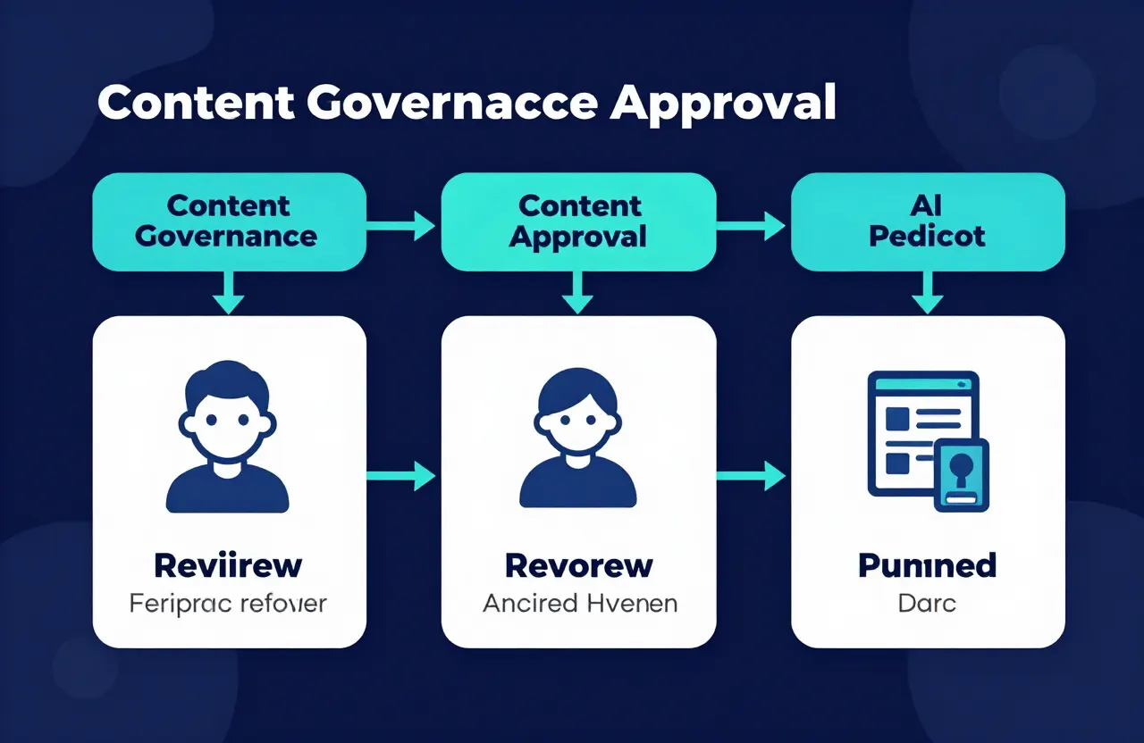 Content governance approval chain with editor, reviewer, and publisher roles for AI search content