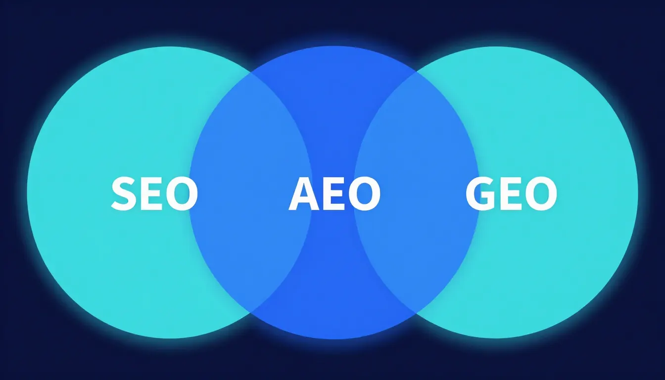 Three-circle Venn diagram comparing AI SEO, AEO, and GEO with overlapping regions