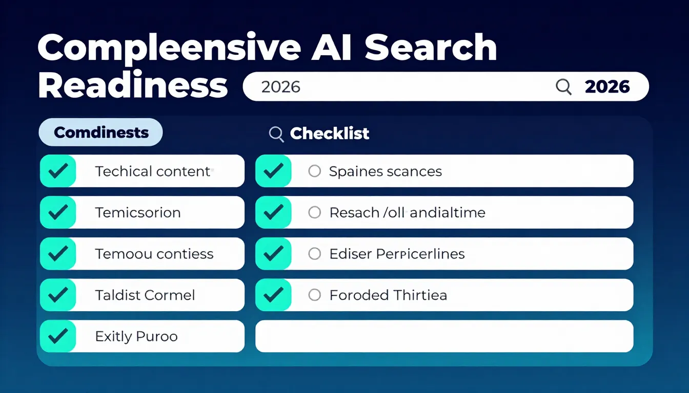 Comprehensive AI search readiness checklist for 2026 with checkmarks across technical, content, and entity categories
