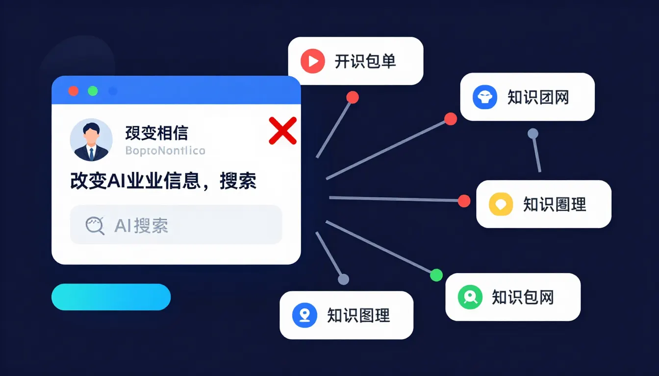 Illustration of a business profile with error markers being corrected across directory and knowledge graph sources