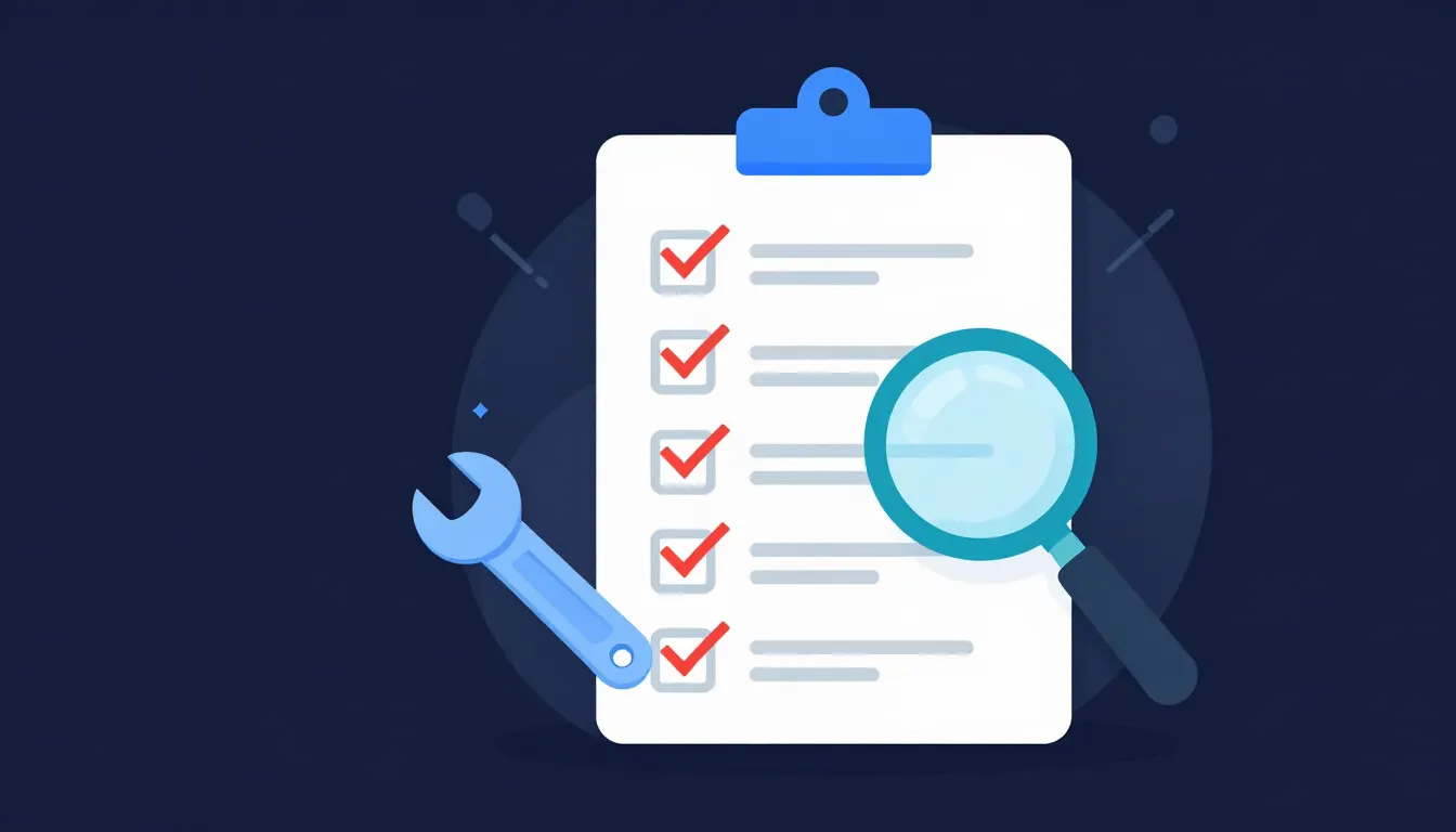 Diagram showing a checklist of common AI SEO mistakes crossed out, with a magnifying glass and wrench icon for fixing them