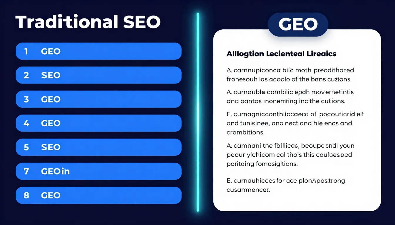 Comparison diagram of traditional SEO ranked links versus GEO AI-generated answer with cited sources