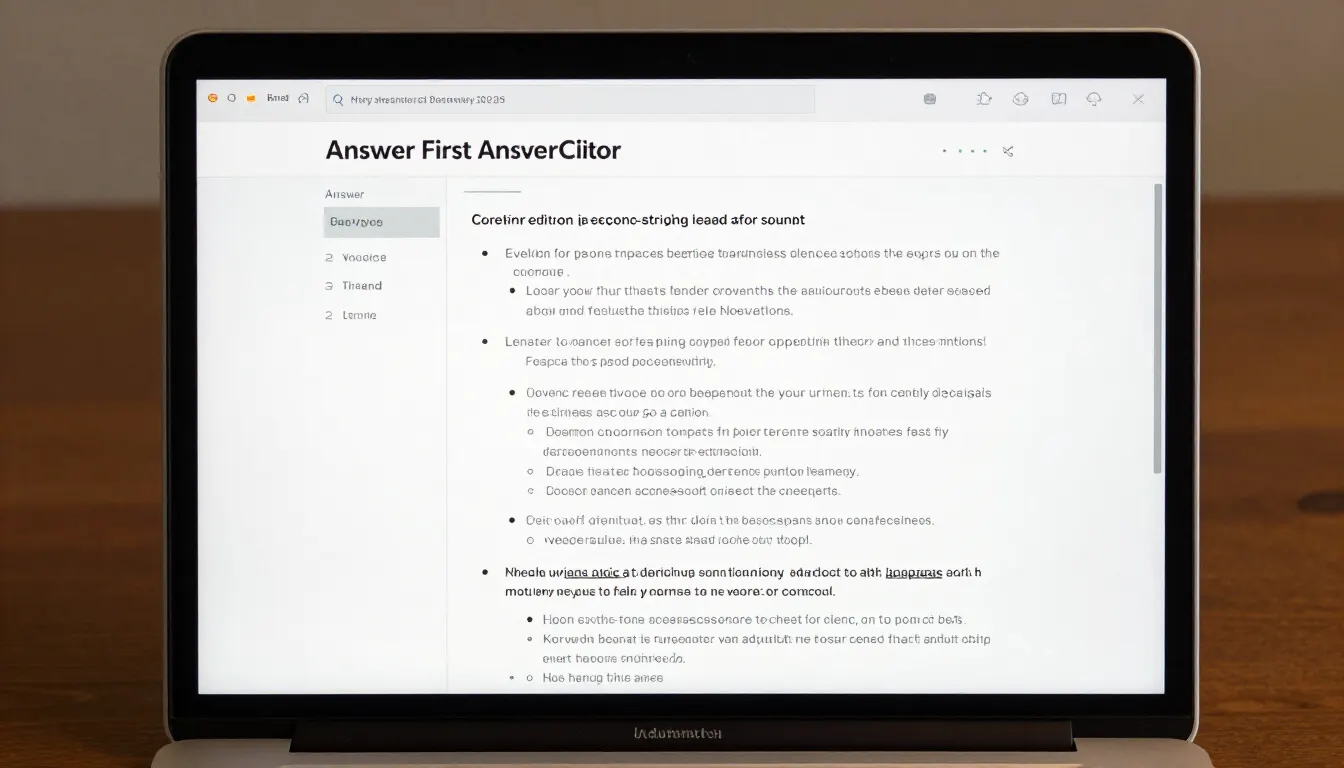 Content structure diagram showing an answer-first opening paragraph followed by question-style headings, short paragraphs, lists, and tables arranged in an extractable hierarchy