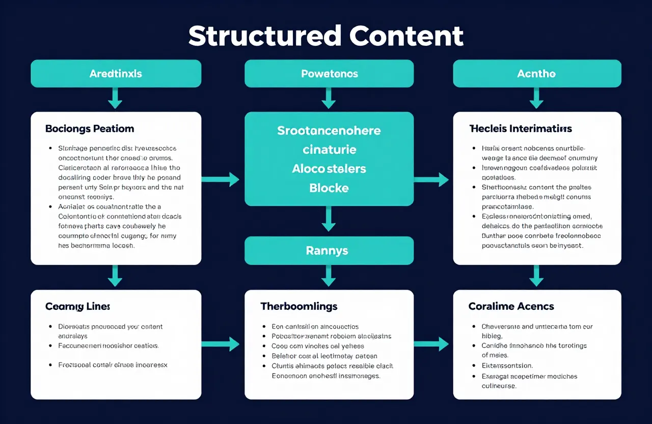 Diagram of structured content blocks including headings, paragraphs, lists, and tables being parsed by an AI engine into understood concept nodes