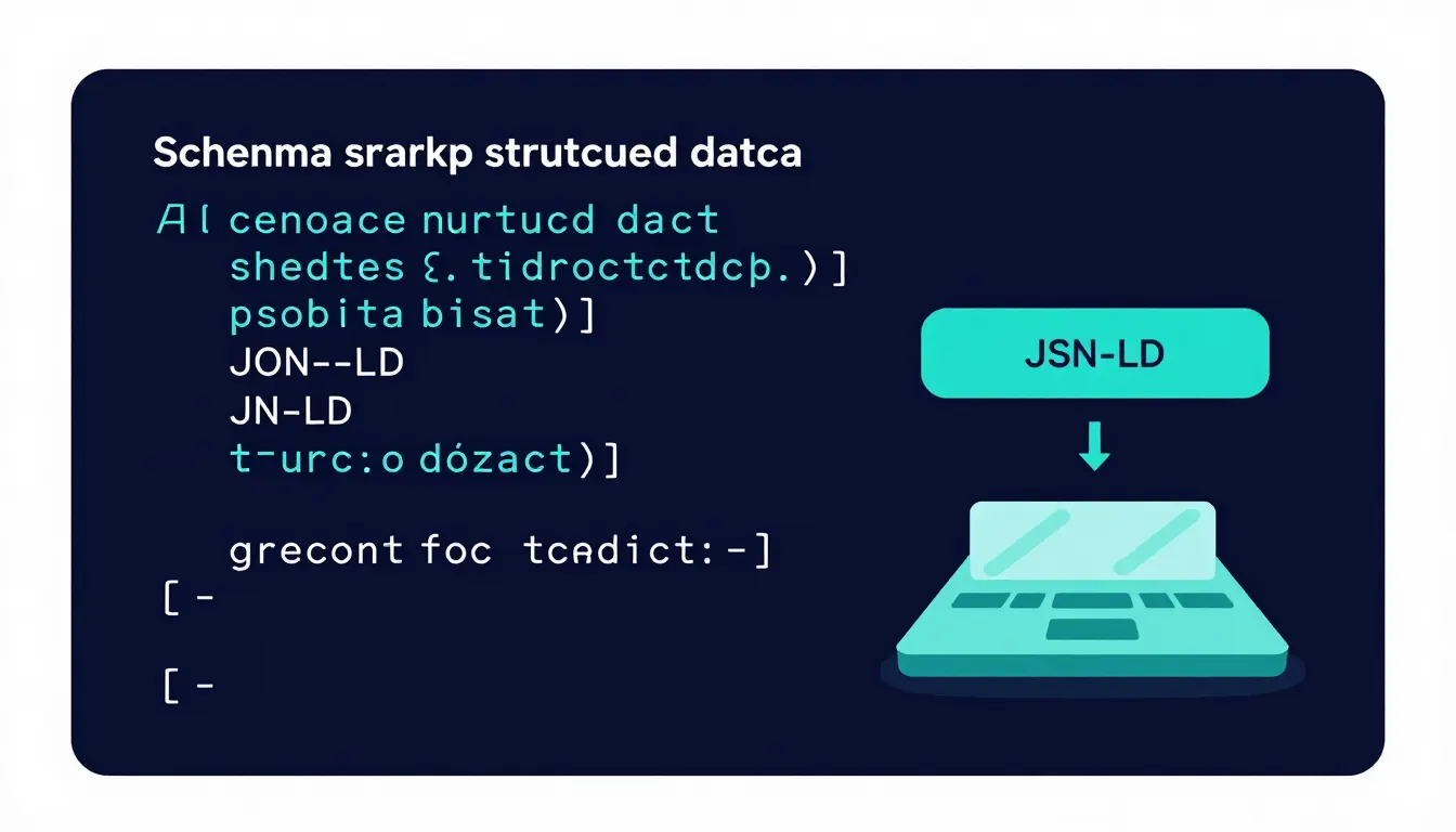 Schema markup structured data concept showing a web page with JSON-LD data blocks feeding an AI parsing engine