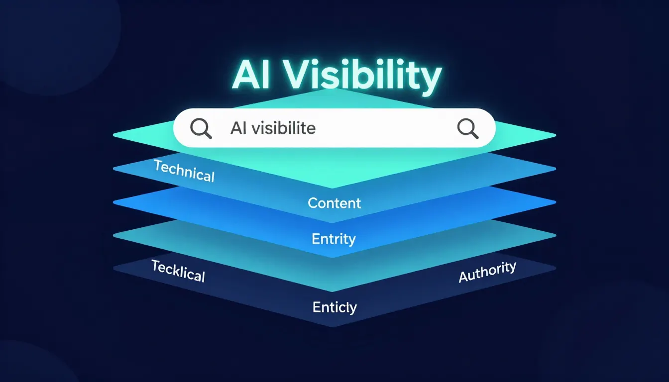 Layered diagram of building AI search visibility with stacked foundation layers topped by an AI visibility glow