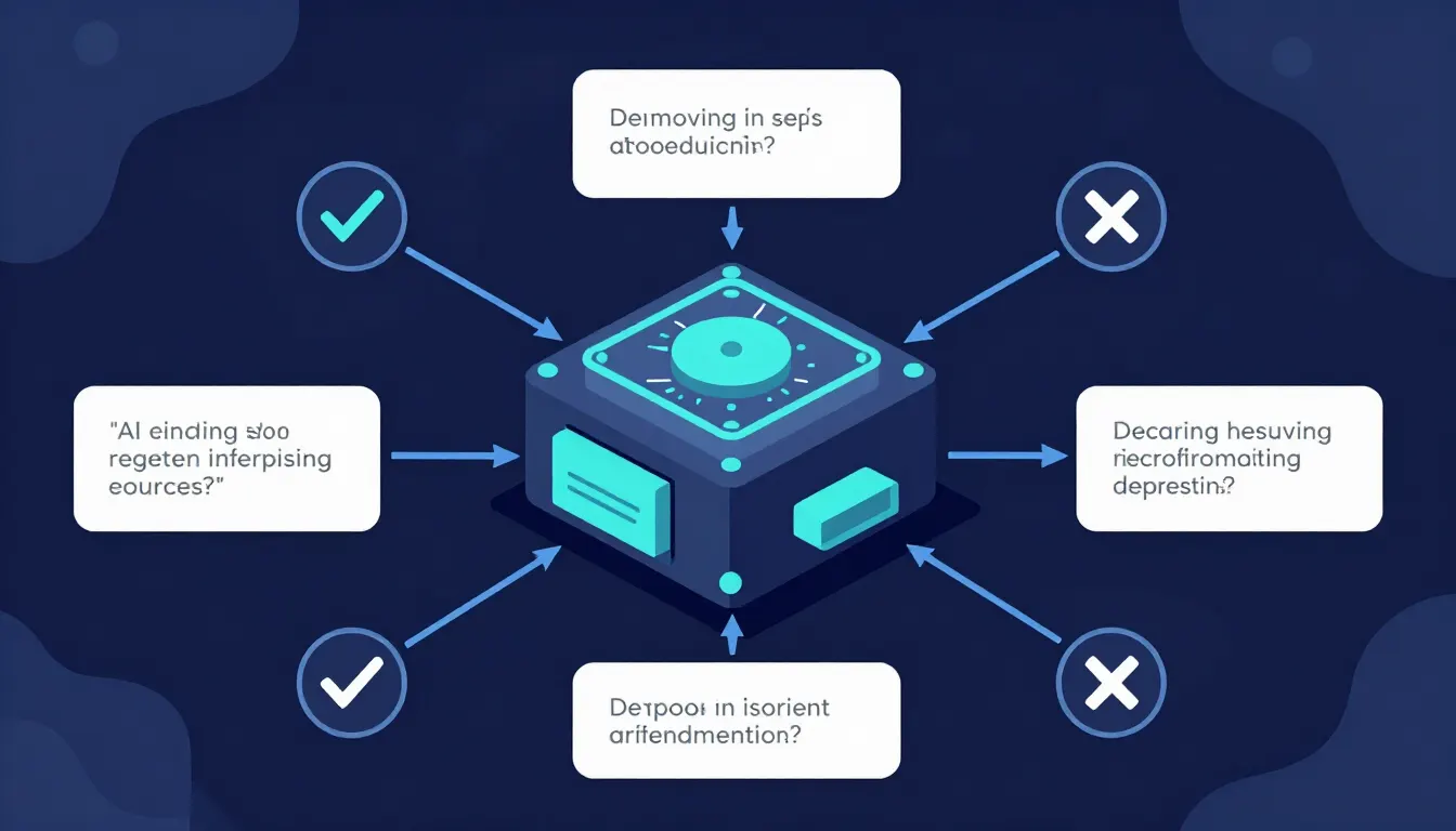 Illustration of an AI engine resolving conflicting information from multiple sources with checkmarks and crossmarks