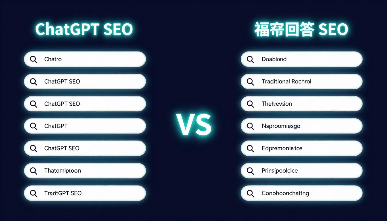 Comparison diagram of ChatGPT SEO versus traditional SEO showing a ranking ladder beside an AI chat answer