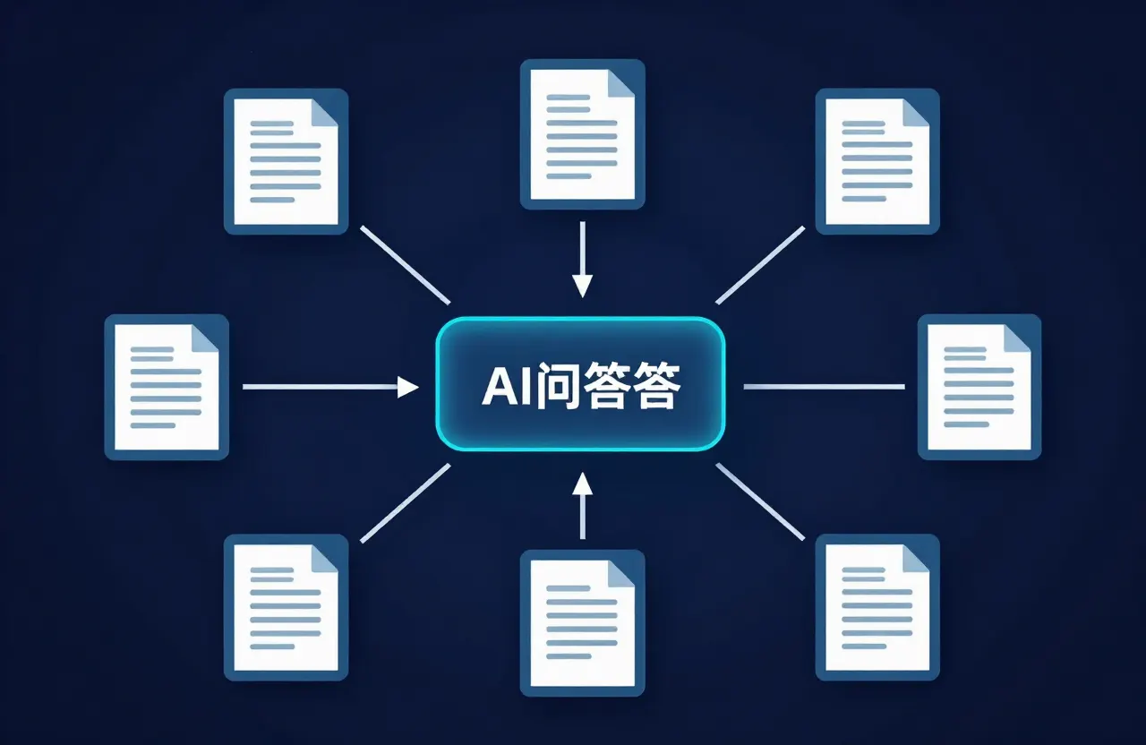 Illustration of source documents connected by reference lines into a central AI answer engine, showing how citations and source relationships feed AI search visibility