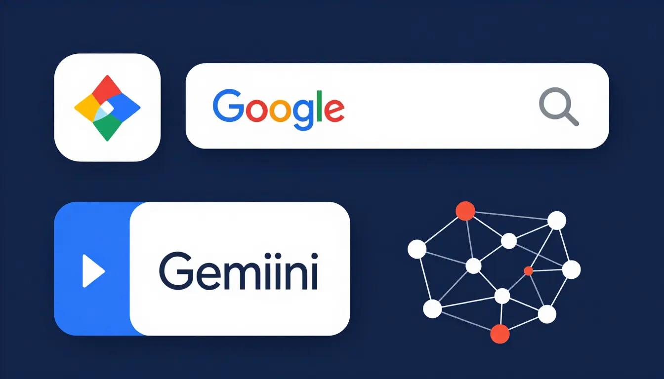 Illustration of Gemini connected to Google Search and a network of entity nodes representing how Gemini retrieves business information