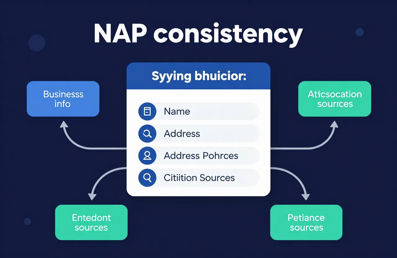 Diagram of NAP consistency with a central business info block syncing name, address, and phone across citation sources