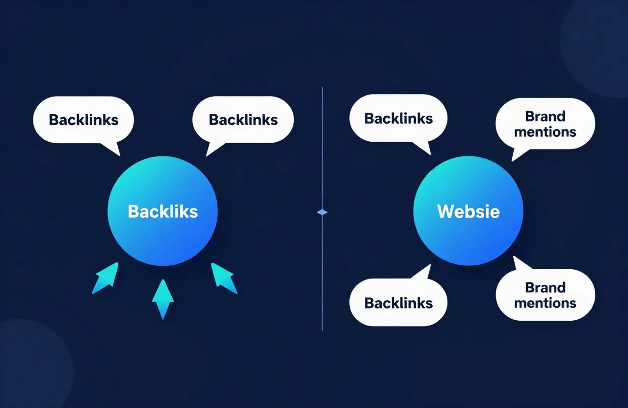 Comparison diagram showing backlinks as arrows pointing into a website node on one side and brand mentions as text reference bubbles surrounding a website node on the other