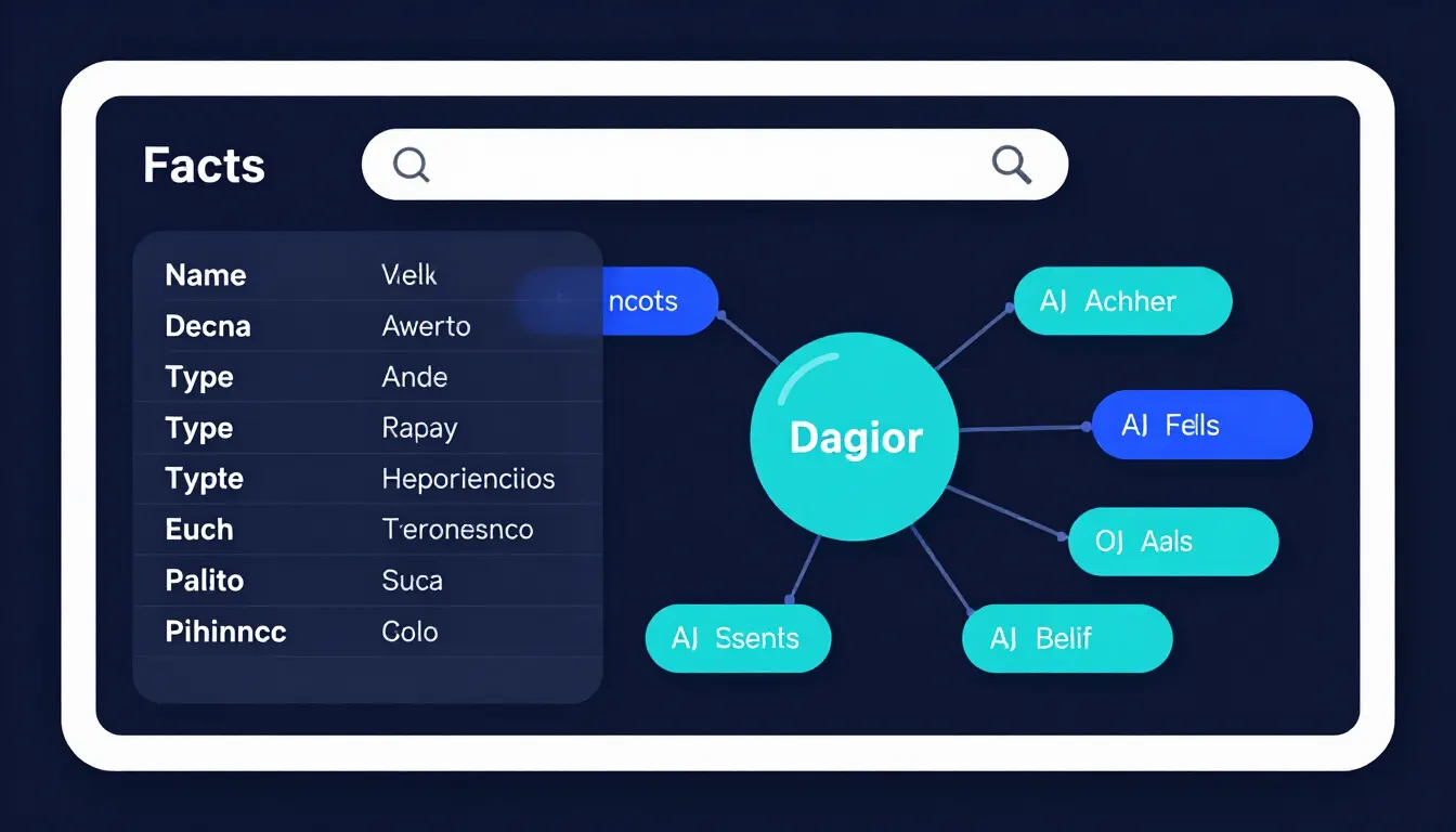 Illustration of a brand factsheet document with entity fields connected to a knowledge graph node