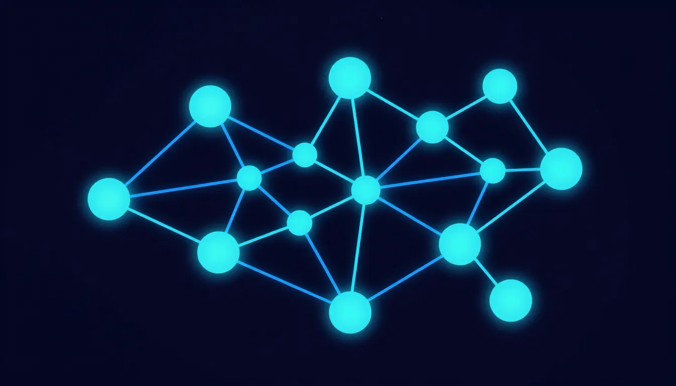Knowledge graph network visualization with interconnected entity nodes linked by glowing relationship edges