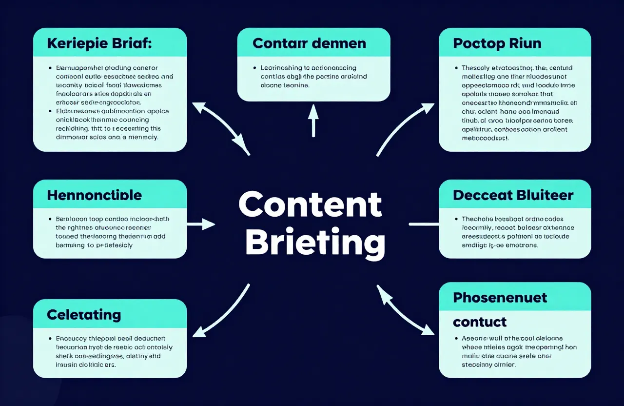Keyword and question cluster mind map feeding into a content brief template