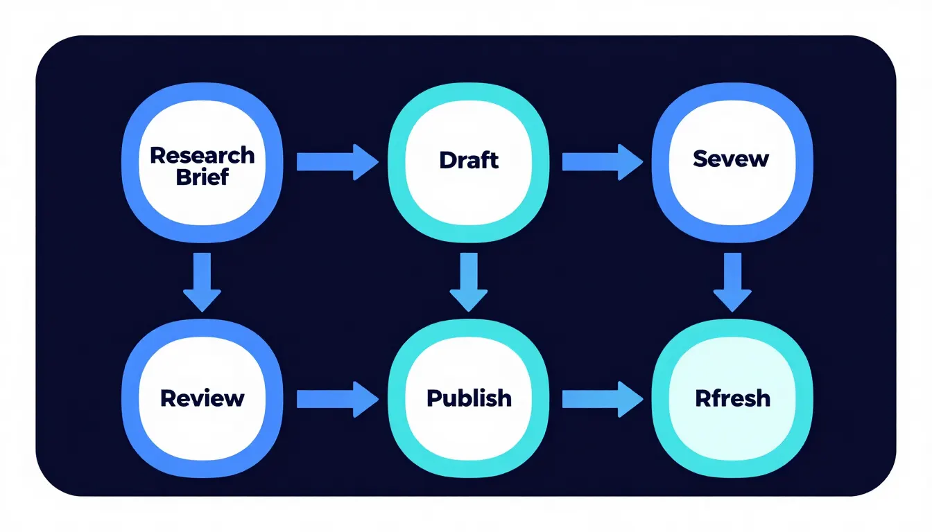 Workflow diagram showing an AI-ready content production pipeline from research brief to draft, review, publish, and refresh